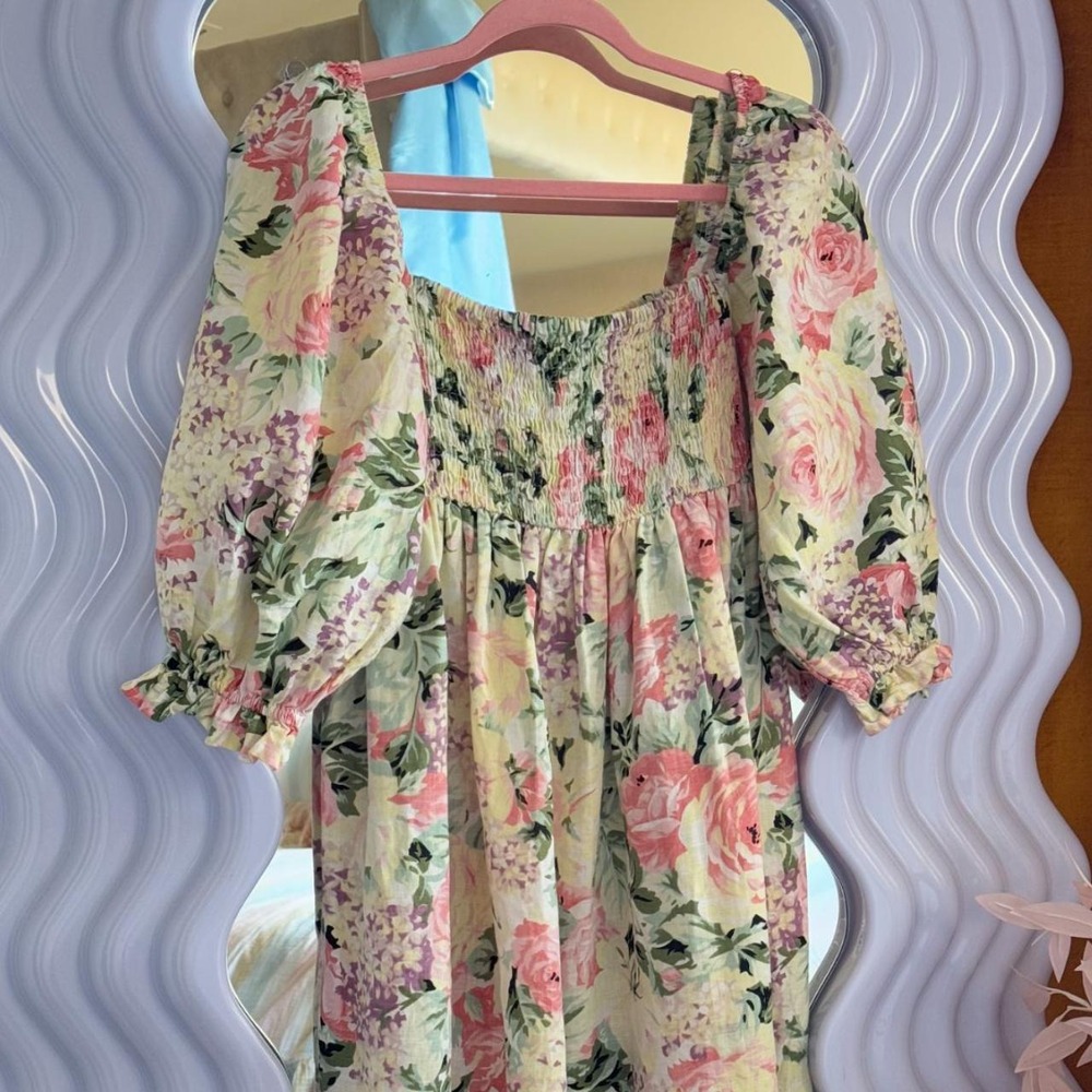 Faithfull The Brand Smocked Floral Puff Sleeve Linen Dress Pink Multi Size 6 M